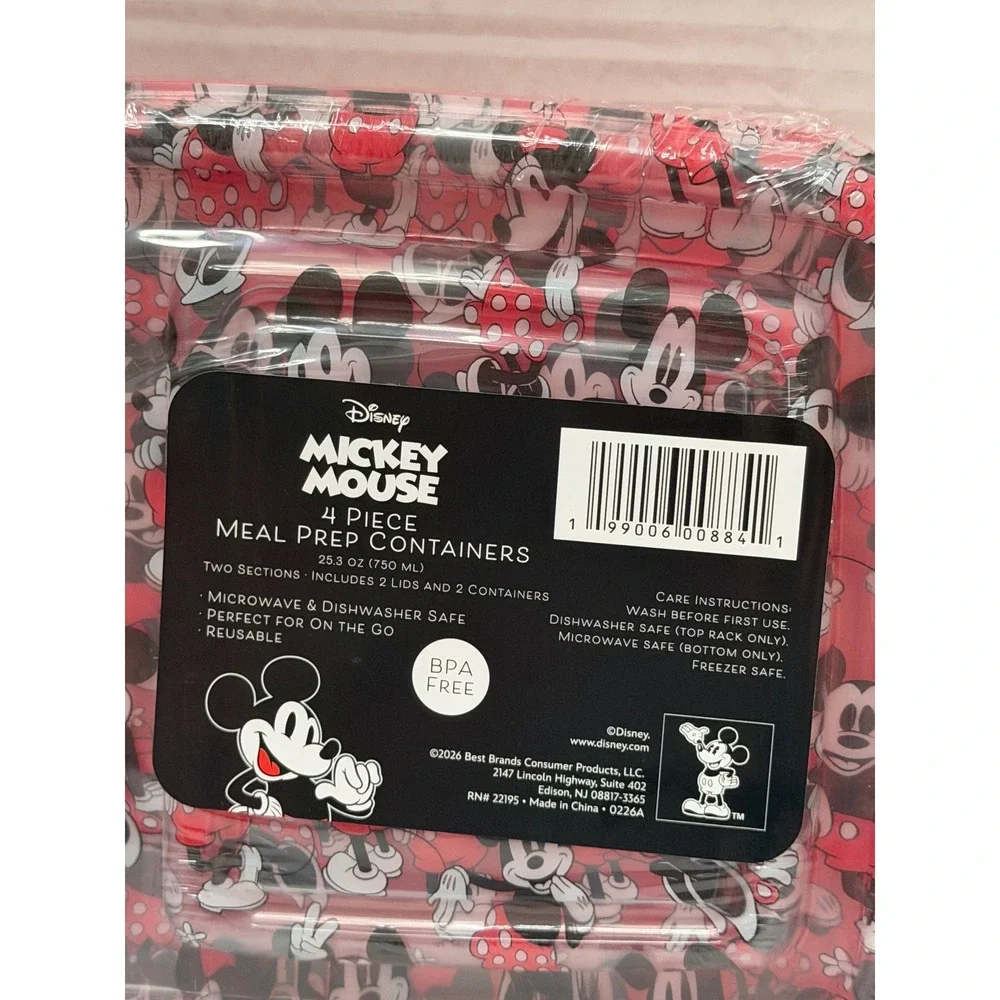 Disney Mickey Mouse 4 Piece Meal Prep Containers 25.3oz Two Sections BPA Free